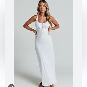 Lucas Midi Dress - Ruched Bust Linen Dress in White × 1